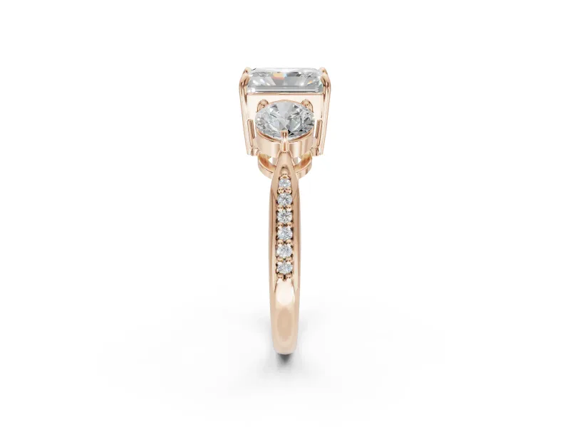 Radiant Cut Three Stone Engagement Ring Setting | Tapered Pave Band | Rose Gold
