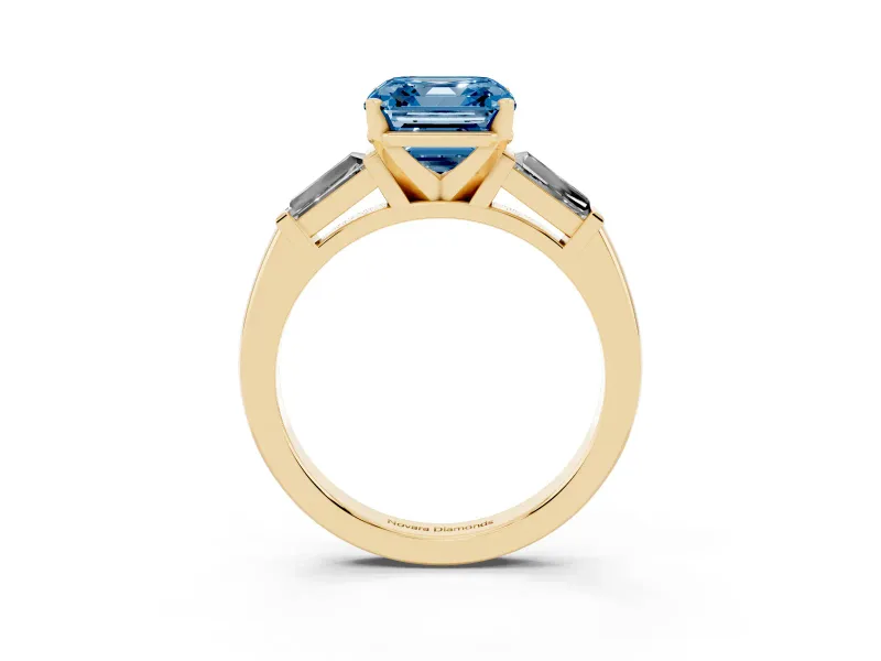 Asscher Cut Three Stone Engagement Ring Setting for a Fancy Blue Lab-Grown Diamond | Tapered Baguettes | Yellow Gold