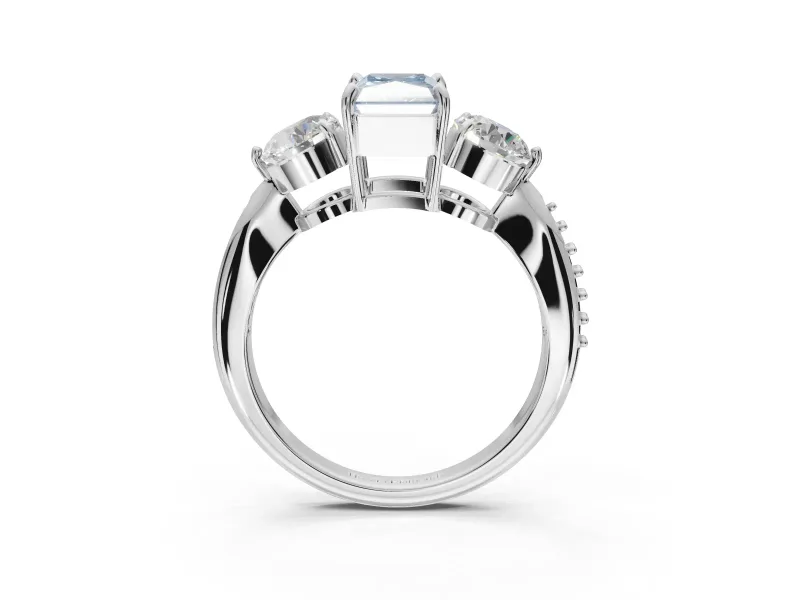 Radiant Cut Three Stone Engagement Ring Setting for a Fancy Blue Lab-Grown Diamond | Tapered Pave Band | Sterling Silver