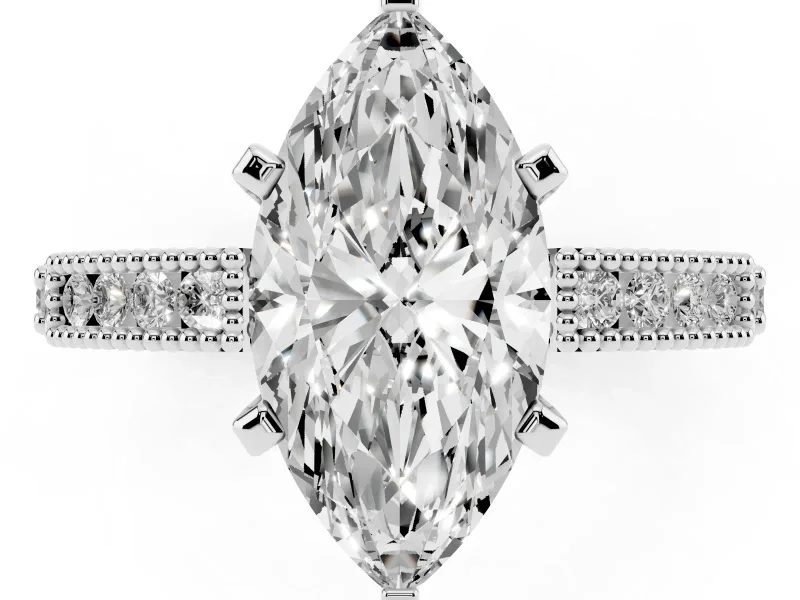 Marquise Vintage Pavé Solitaire Engagement Ring Setting | Milgrain Edges | White Gold