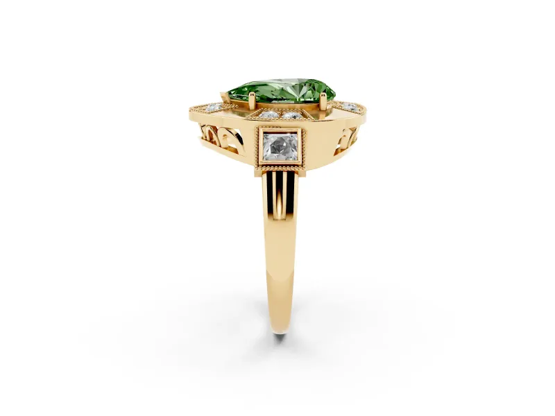 Fancy Green Pear Cut Diamond Milgrain Halo Ring Set in Yellow gold with Split Shank