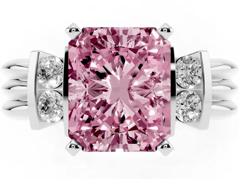 Fancy Pink Three-Stone Radiant Cut Diamond Channel Set Ring Set in Silver with Bar Prongs