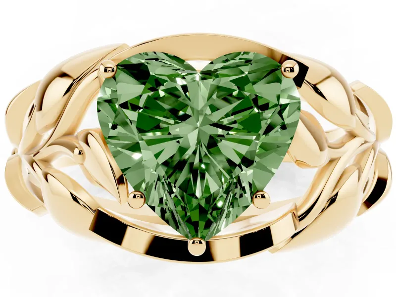Heart-Shaped Leaf Bypass Engagement Ring Setting for a Fancy Green Lab-Grown Diamond | Yellow Gold