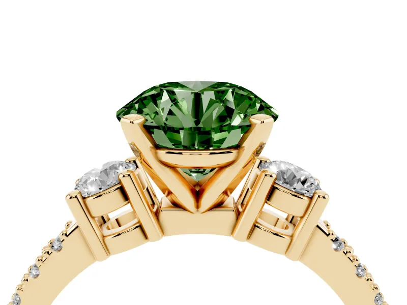 Fancy Green Three-Stone Round Cut Diamond Pavé Band Ring Set in Yellow gold with Prong Setting