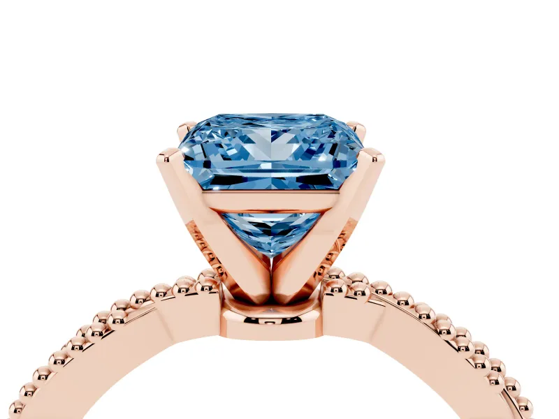 Fancy Blue Princess Cut Diamond Solitaire Ring Set in Rose gold with Twisted Band and Bead Prong Setting