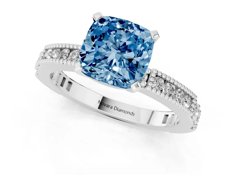 Cushion Cut Vintage Pavé Engagement Ring Setting for a Fancy Blue Lab-Grown Diamond | White Gold