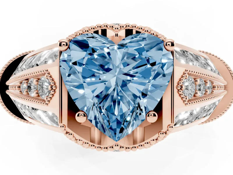Fancy Blue Heart Cut Diamond Vintage-Inspired Milgrain Ring Set in Rose gold with Accent Split Shank