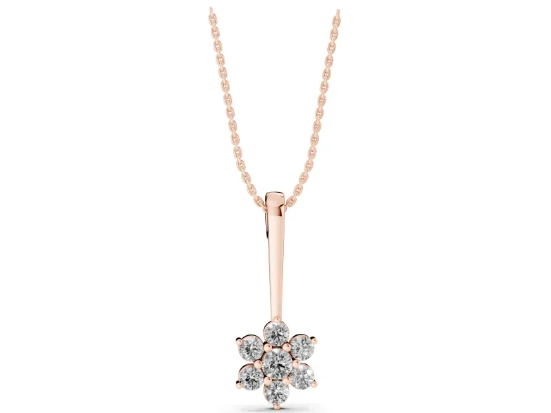 Round Lab-Grown Diamond Flower Cluster Pendant Necklace | Grooved Bail | Rose Gold