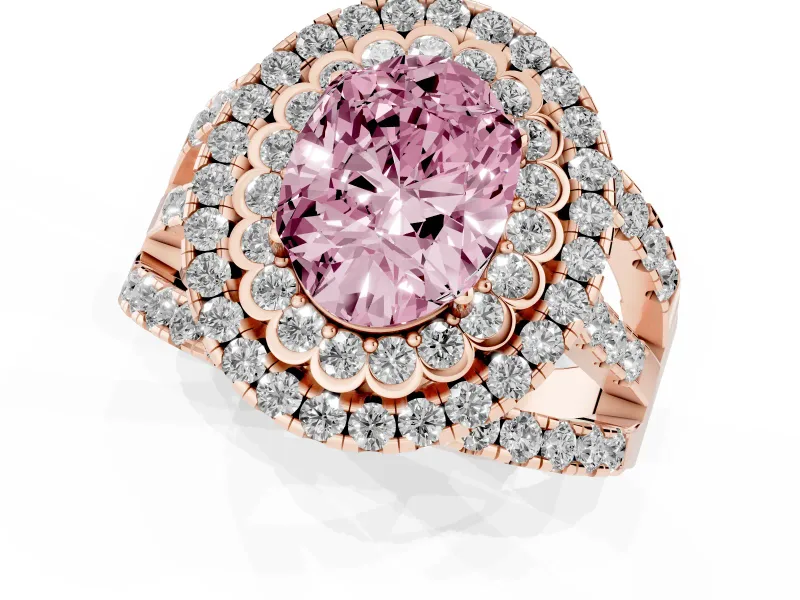 Oval Double Halo Split Shank Engagement Ring Setting for a Fancy Pink Lab-Grown Diamond | Pave Strands | Rose Gold