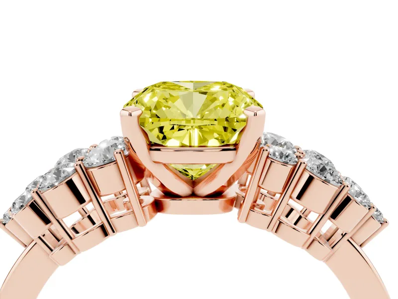 Cushion Cut Side Stone Engagement Ring Setting for a Fancy Yellow Lab-Grown Diamond | Shoulder Clusters | Rose Gold