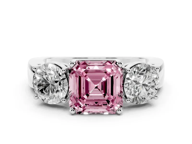 Fancy Pink Asscher Cut Diamond Three-Stone Ring Set in Platinum with Round Side Stones and Classic Band