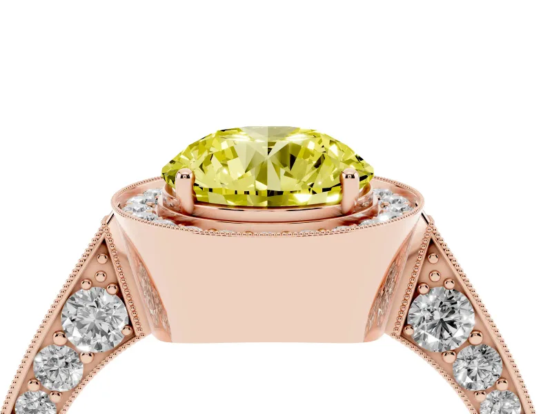 Round Milgrain Halo Engagement Ring Setting for a Fancy Yellow Lab-Grown Diamond | Side Stones | Rose Gold