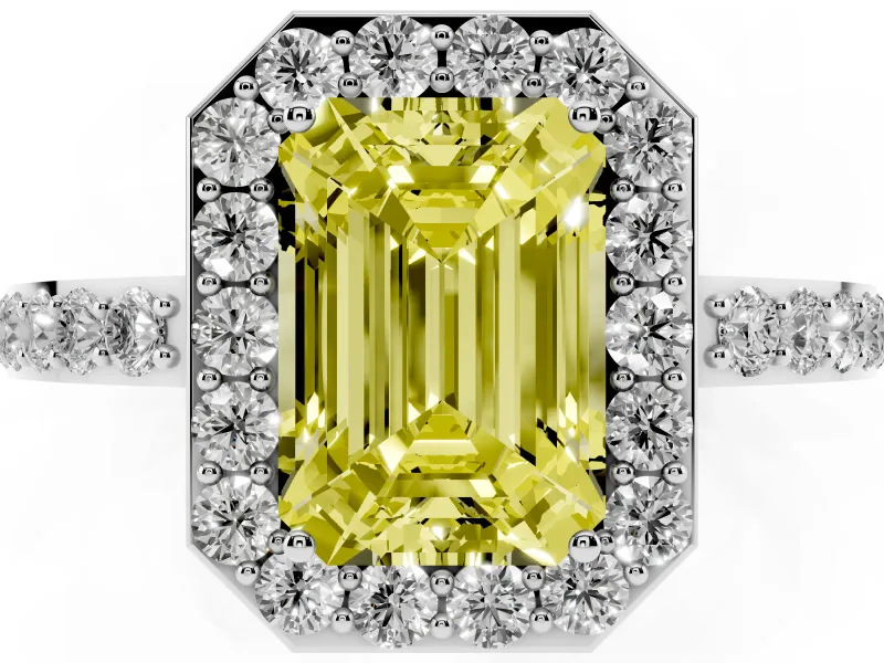 Fancy Yellow Emerald Cut Diamond Halo Ring Set in Platinum with Pavé-Setting Band and Open Prong Center
