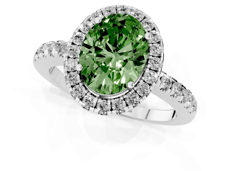 Fancy Green Oval Cut Diamond Pavé Band Halo Engagement Ring Set in Silver with Prong Setting