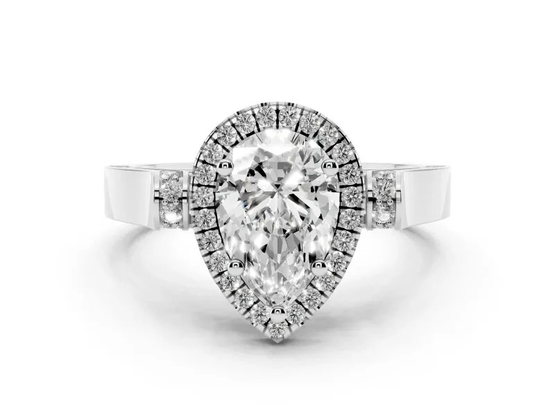Pear Cut Diamond Halo Ring Set in White gold with Pavé-Lined Split Shank Band