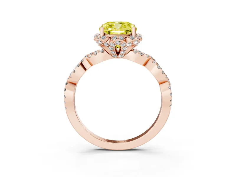 Fancy Yellow Cushion Cut Diamond Halo Twist Band Solitaire Ring Set in Rose gold with Prong-Set Center Stone