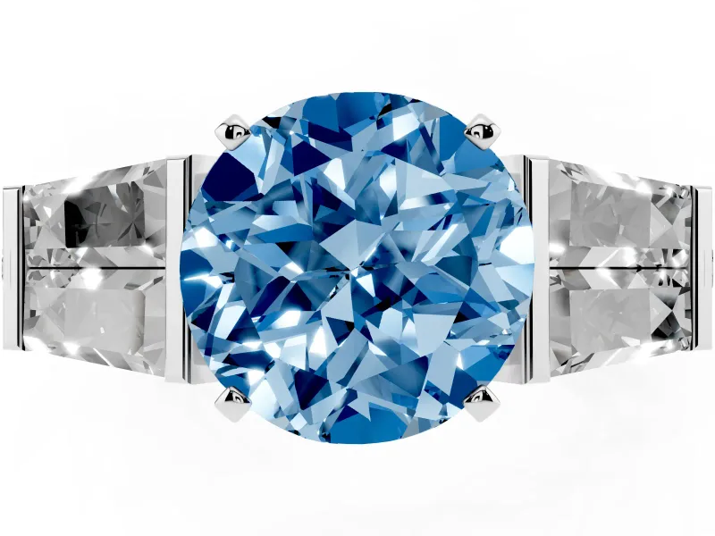Fancy Blue Round Cut Diamond Engagement Ring Set in White gold with Baguette Side Stones and Channel Set Band