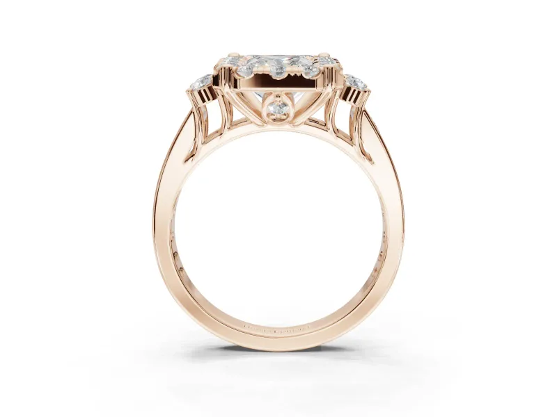 Radiant Cut Halo Side Cluster Engagement Ring Setting | Graduated Channel Band | Rose Gold