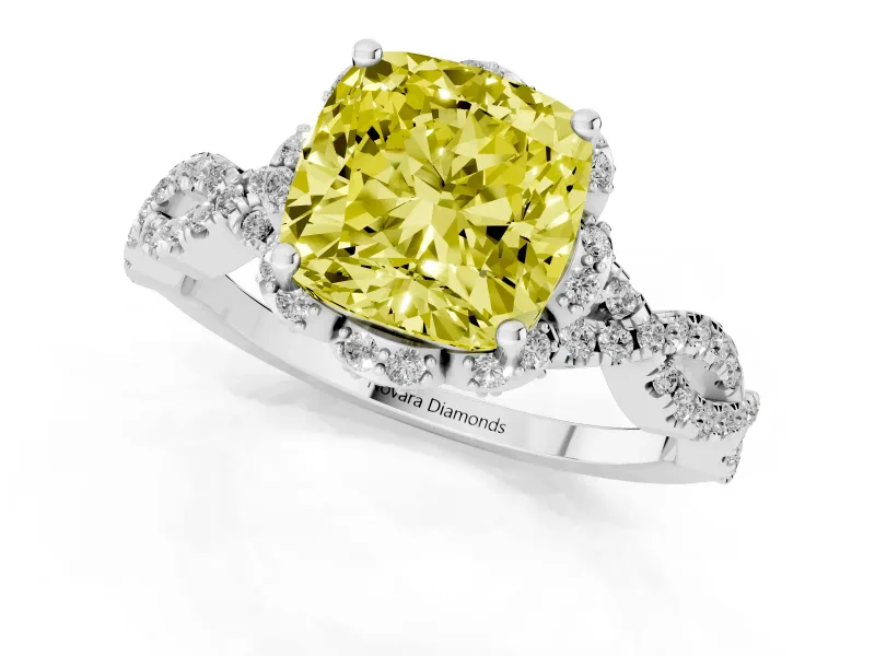 Fancy Yellow Cushion Cut Diamond Halo Twist Band Solitaire Ring Set in Silver with Prong-Set Center Stone