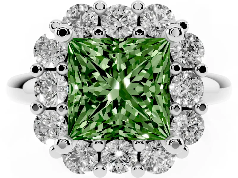 Princess Cut Cluster Halo Engagement Ring Setting for a Fancy Green Lab-Grown Diamond | Large Round Accents | White Gold