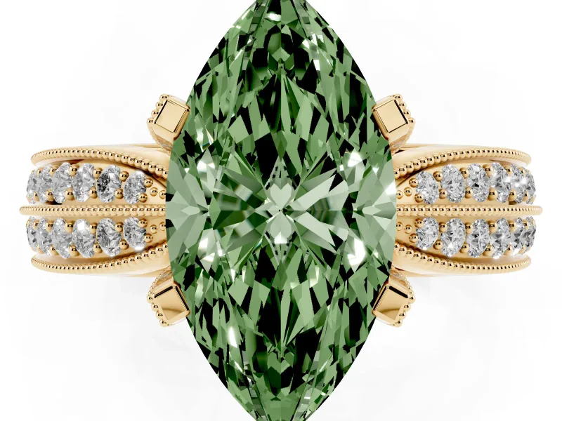 Fancy Green Marquise Cut Diamond Solitaire Ring Set in Yellow gold with Milgrain Double Row Round Pavé Band