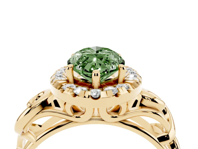 Fancy Green Marquise Cut Diamond Halo Ring Set in Yellow gold with Scrollwork Band and Prong Setting