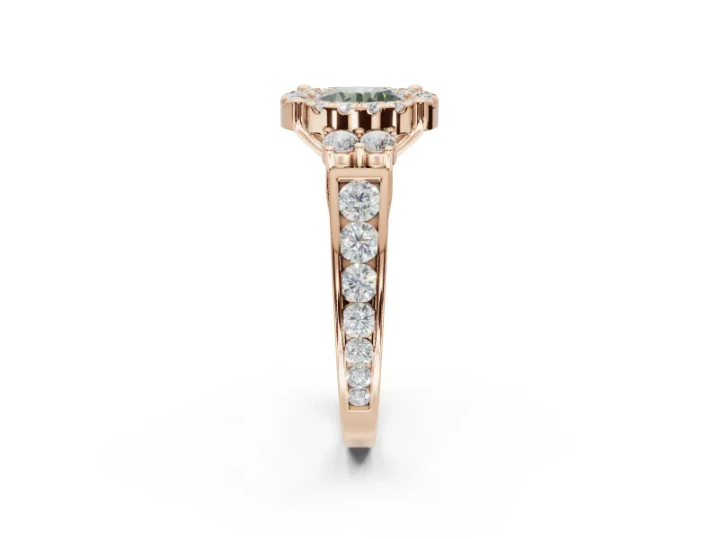 Round Halo Engagement Ring Setting for a Fancy Green Lab-Grown Diamond | Side Clusters | Rose Gold