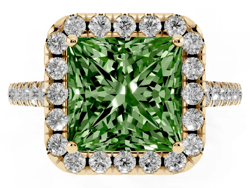 Princess Cut Halo Engagement Ring Setting for a Fancy Green Lab-Grown Diamond | Pave Shoulders | Yellow Gold