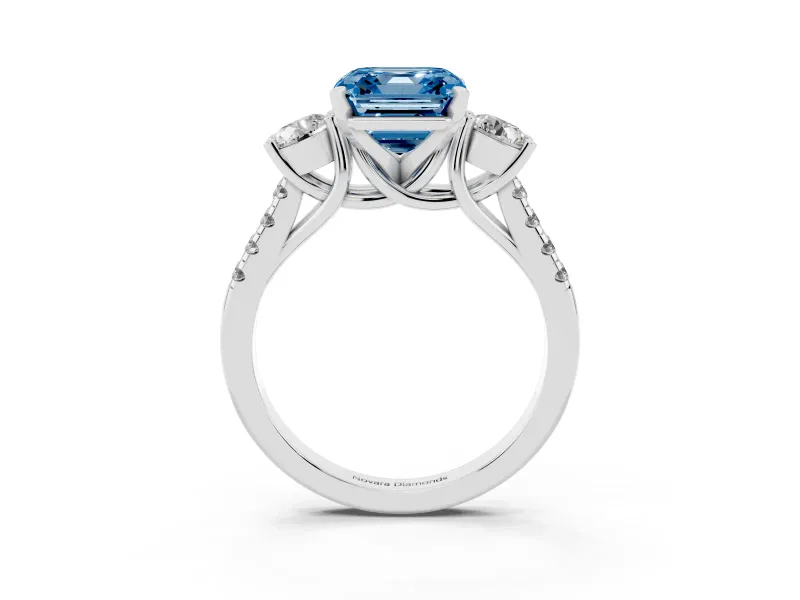 Fancy Blue Three-Stone Asscher Cut Diamond Pavé Band Ring Set in Platinum with Prong-Set Trio