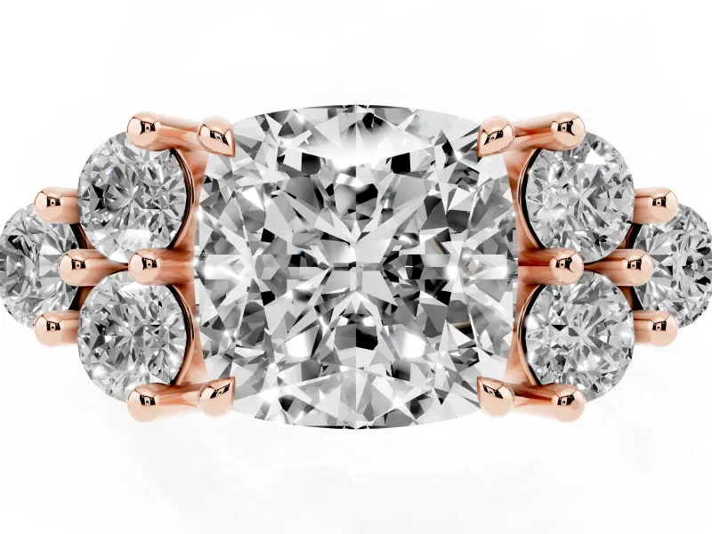 Cushion Cut Cluster Side Stone Engagement Ring Setting | Plain Band | Rose Gold