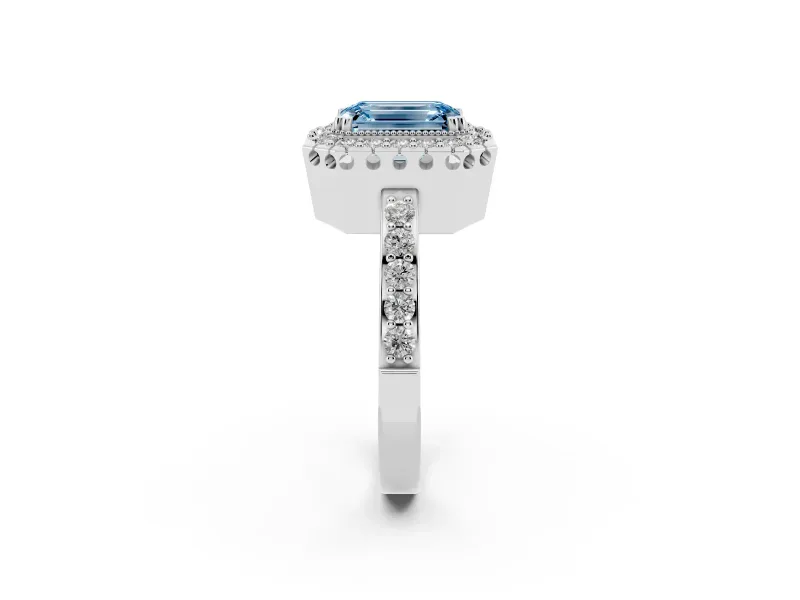 Emerald Cut Milgrain Halo Engagement Ring Setting for a Fancy Blue Lab-Grown Diamond | Pavé Shoulders | Platinum