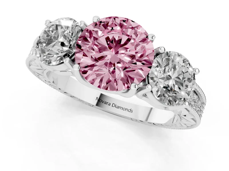 Round Vintage Three Stone Engagement Ring Setting for a Fancy Pink Lab-Grown Diamond | Sterling Silver