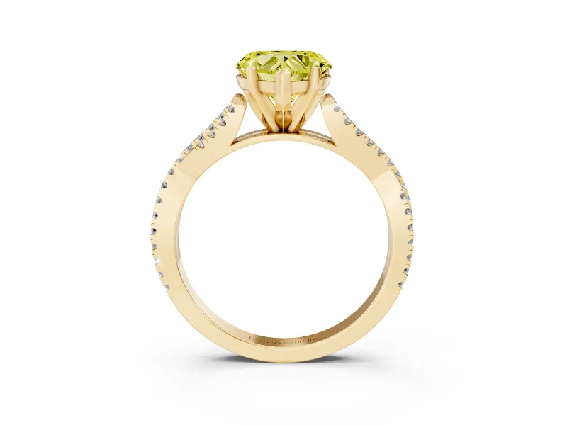 Fancy Yellow Heart Cut Diamond Solitaire Engagement Ring Set in Yellow gold with Twisted Pavé Band and Prong Setting