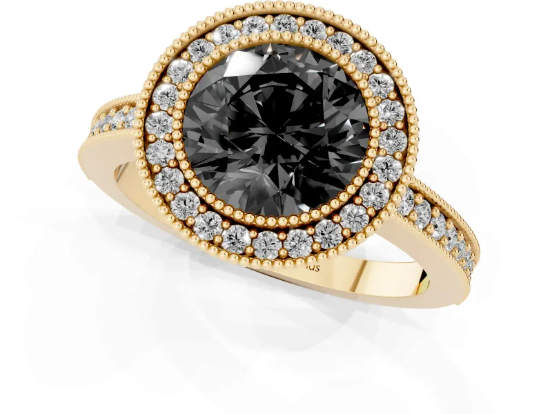 Fancy Black Round Cut Diamond Halo Engagement Ring Set in Yellow gold with Pavé Band and Round Halo Stones