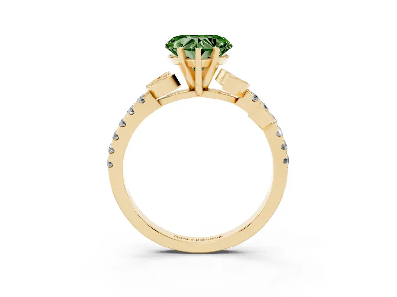 Fancy Green Heart Cut Diamond Solitaire Leaf-Inspired Ring Set in Yellow gold with Pavé Band and Prong Setting