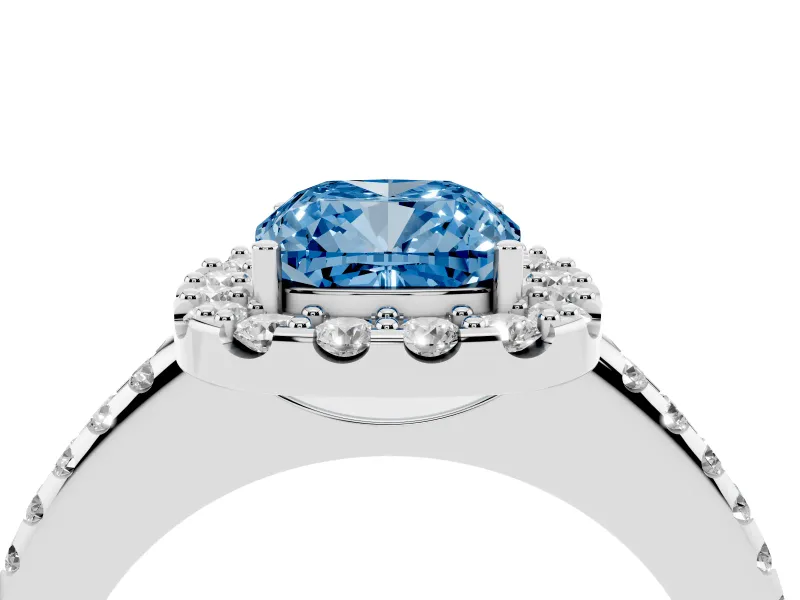 Cushion Cut Pave Halo Engagement Ring Setting for a Fancy Blue Lab-Grown Diamond | Pave Band | Platinum
