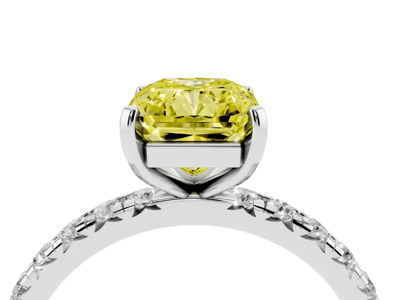 Fancy Yellow Radiant Cut Diamond Pavé Solitaire Ring Set in Silver with Round Band and Prong Setting
