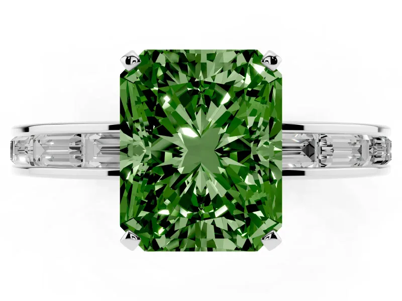 Fancy Green Radiant Cut Diamond Solitaire Ring Set in Platinum with Channel-Set Baguette Band and Prong Setting