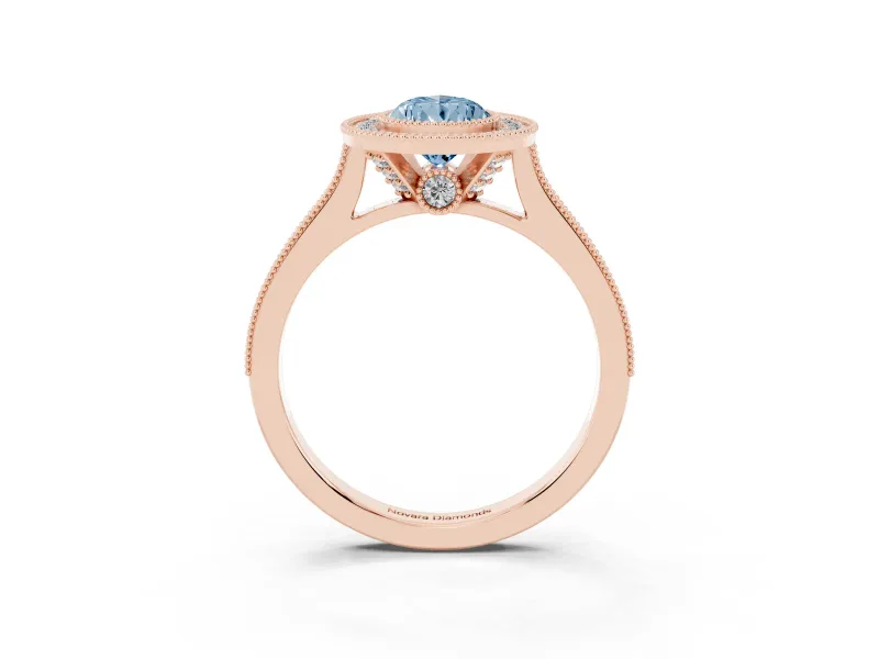 Pear-Shaped Vintage Milgrain Halo Engagement Ring Setting for a Fancy Blue Lab-Grown Diamond | Bezel Head | Rose Gold