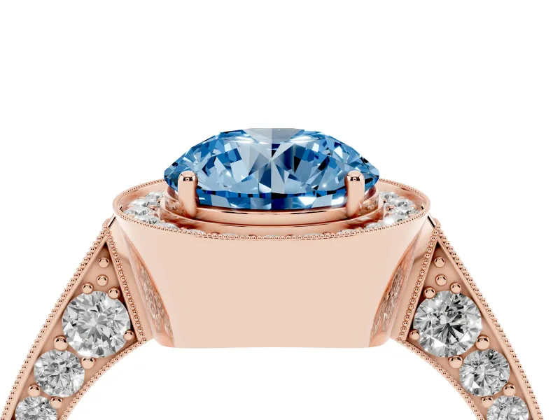 Round Milgrain Halo Engagement Ring Setting for a Fancy Blue Lab-Grown Diamond | Side Stones | Rose Gold