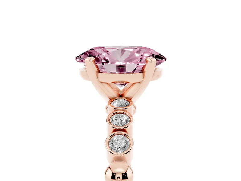 Fancy Pink Oval Cut Diamond Solitaire Engagement Ring Set in Rose gold with Bezel Accents on Beaded Band