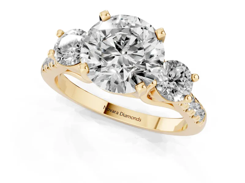 Round Three-Stone Pavé Engagement Ring Setting | Round Side Stones | Yellow Gold