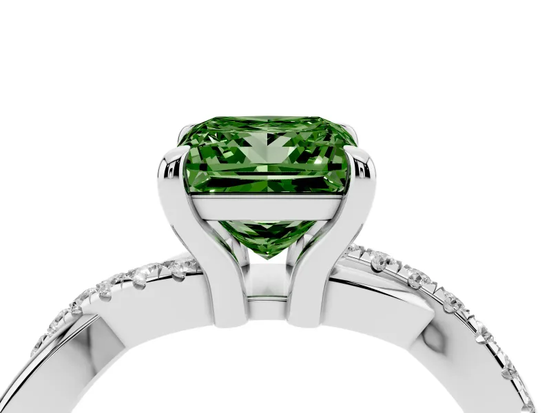 Fancy Green Princess Cut Diamond Twist Band Solitaire Set in Silver with Pavé Accents and Prong Setting