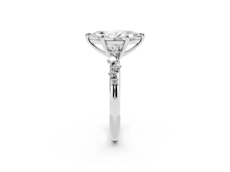 Marquise Cut Diamond Solitaire Vine Band Ring Set in White gold with Round Accents and Prong Setting