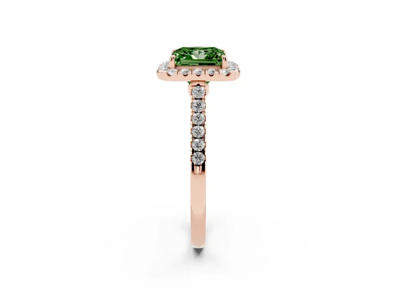 Princess Cut Halo Engagement Ring Setting for a Fancy Green Lab-Grown Diamond | Pave Shoulders | Rose Gold