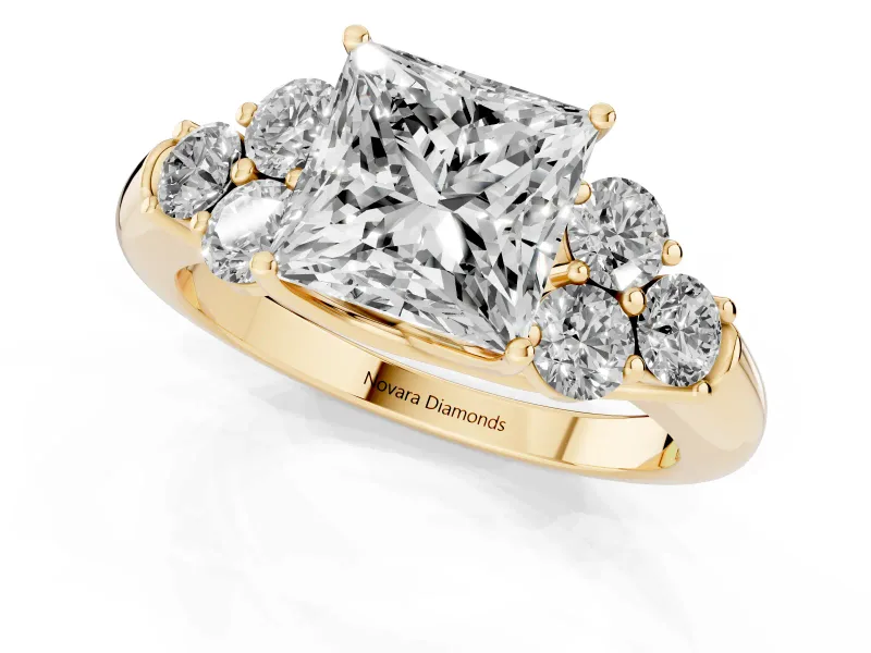 Princess Cut Diamond Cluster Ring Set in Yellow gold with Round Accent Stones and Prong Setting on a Plain Band