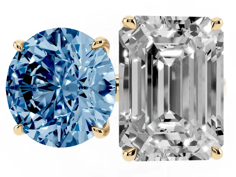 Fancy Blue Round Cut and Emerald Cut Toi Moi Ring Set in Yellow gold with Prong Setting