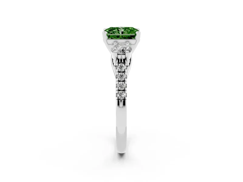 Fancy Green Three-Stone Radiant Cut Diamond Pavé Band Ring Set in White gold with Prong-Set Trio