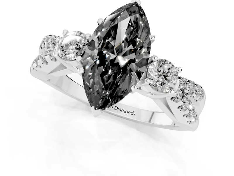 Marquise Three Stone Engagement Ring Setting for a Black Center | Pavé Split Shank | Sterling Silver