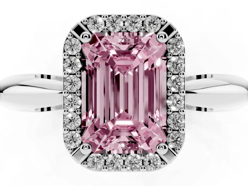 Emerald Cut Halo Engagement Ring Setting for a Fancy Pink Lab-Grown Diamond | Plain Band | Platinum